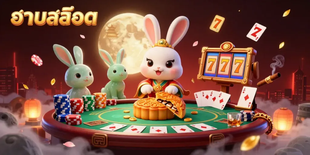 Experience the excitement of รวมสล็อต with a 3D moon rabbit cracking open mooncakes for poker chips, surrounded by vibrant casino elements.