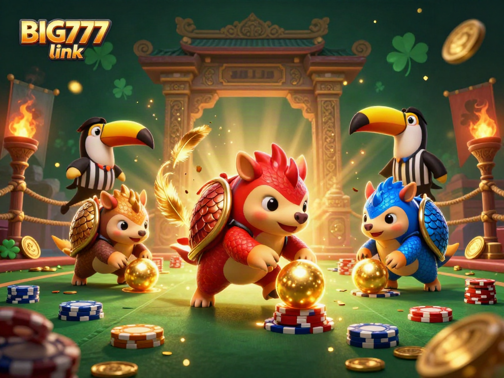 Engage with the BIG777 link on this vibrant scene featuring rival pangolins and a casino atmosphere.