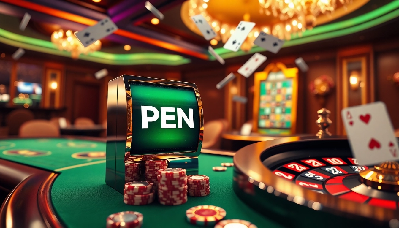 PEN4D slot machine in an elegant casino setting with poker chips and cards for thrilling gameplay.