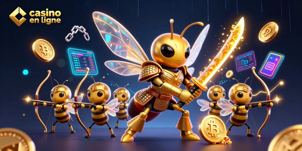 Découvrez le casino en ligne avec ces personnages dynamiques et des pièces de cryptomonnaie rayonnantes.