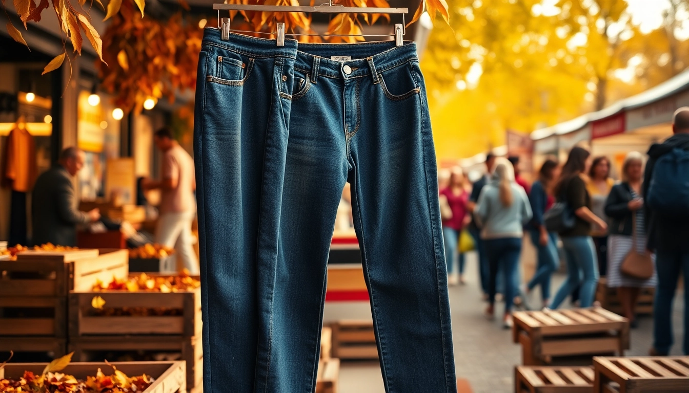 Shop stylish jeans under 200 featured on a market stall surrounded by lively shoppers.