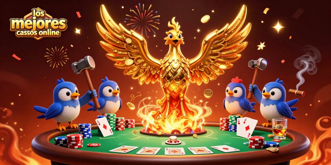 Explora los mejores casinos online con un ilustrativo fénix dorado y elementos de juego de alta calidad.