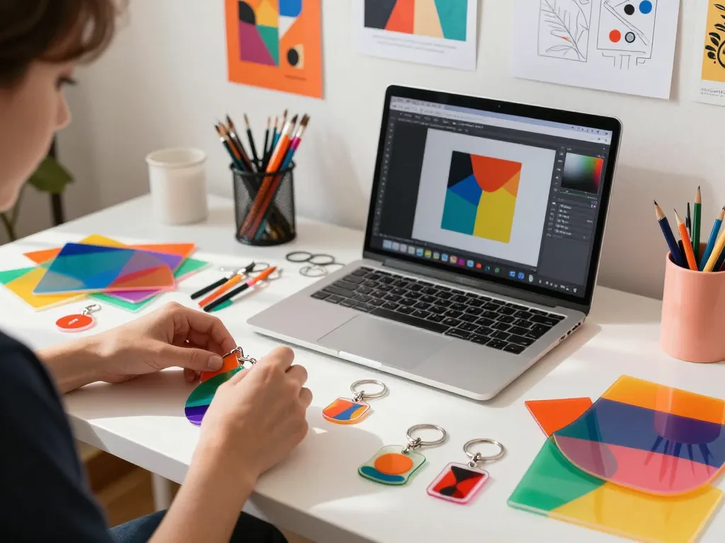 Custom acrylic keychain designs displayed in a creative studio.