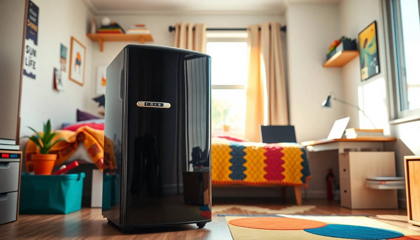 Stylish dorm room fridge in a vibrant student room, enhancing space and convenience.
