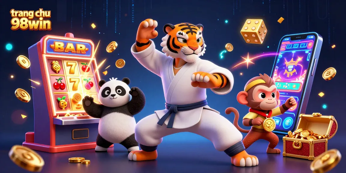 Experience the excitement of trang chu 98win with a vibrant 3D casino illustration featuring dynamic game elements.