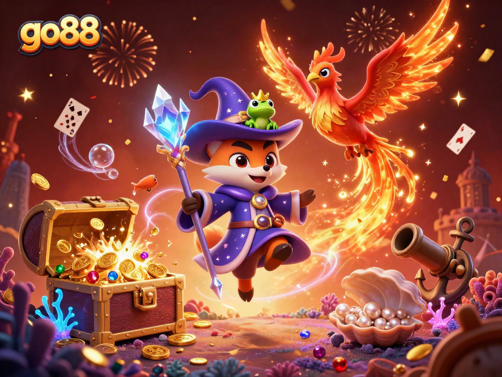 Experience the thrill of go88 with an enchanting wizard fox and phoenix surrounded by magical treasures.