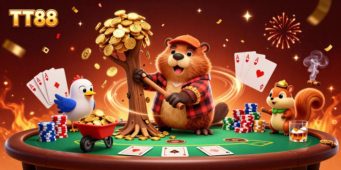 Engage with TT88's vibrant casino scene featuring a beaver and colorful poker chips.