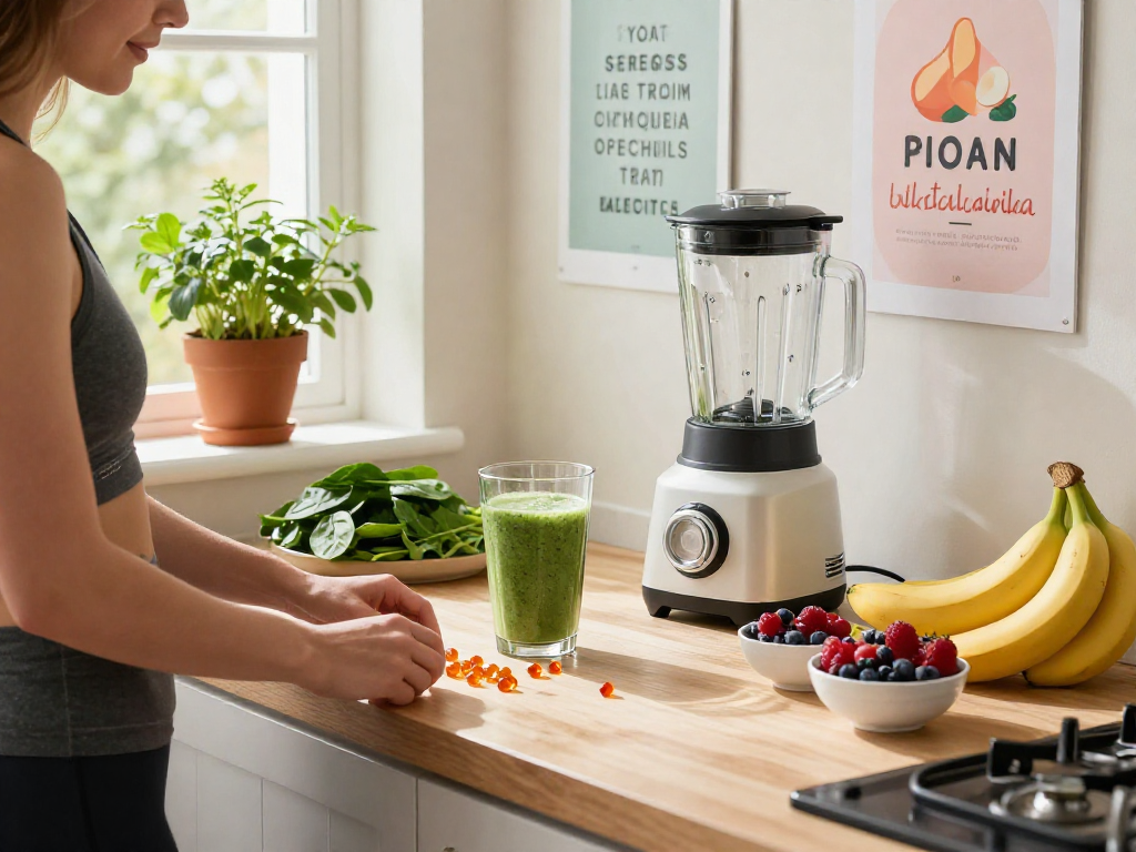 Preparing a healthy smoothie with astaxanthin softgels and fresh ingredients in a bright kitchen.