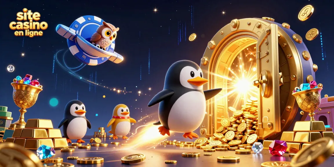 Explorez le site casino en ligne avec le pingouin d'or et les trésors scintillants.