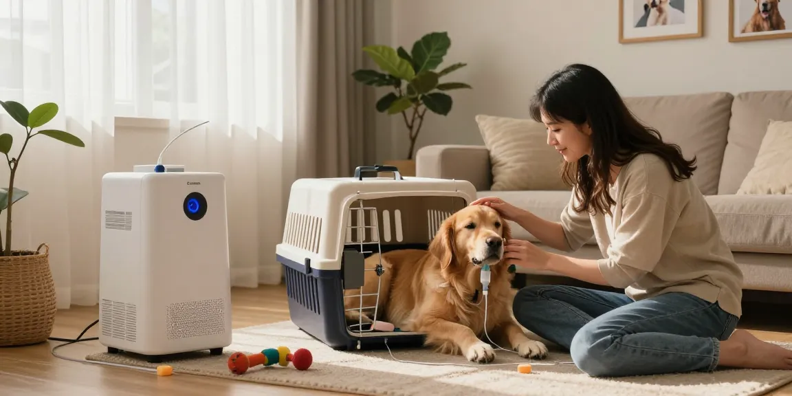The loving care at https://www.petair.hk/en/ for pets enjoying oxygen therapy in a cozy living room, showcasing comfort and safety.