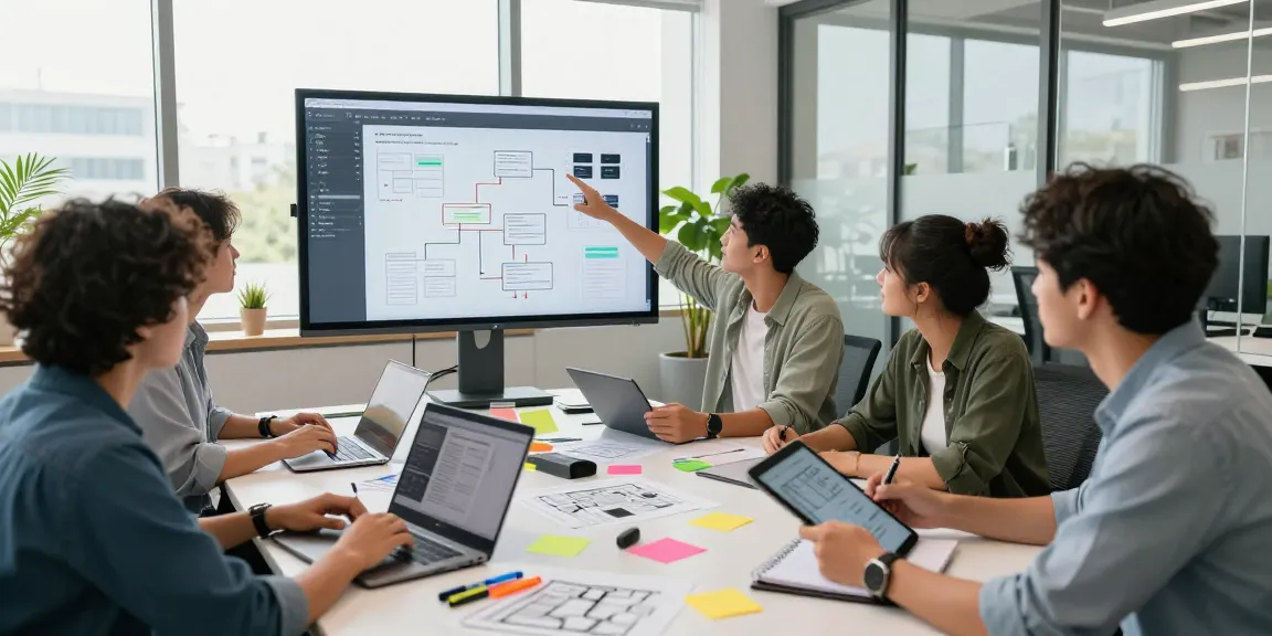 Dynamic collaborative workspace with developers brainstorming about telegram官网 features and UI design, showcasing tech innovation.