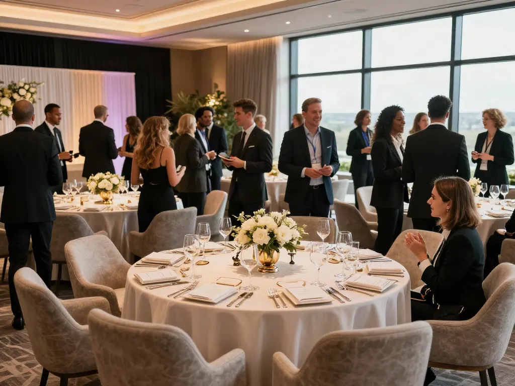 Event furniture rental setup for a corporate event, featuring stylish tables and decorations in an elegant ballroom.