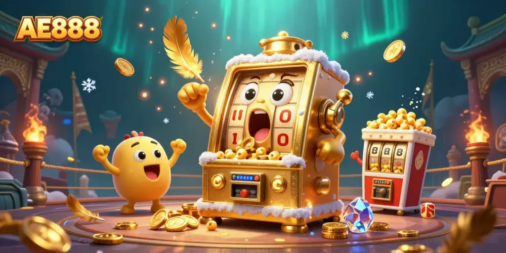 Experience the thrilling AE888 slot machine jackpot scene with vibrant characters and casino elements.