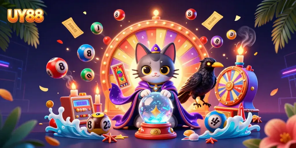 Experience gaming excitement at UY88 with vibrant lottery elements and captivating characters.