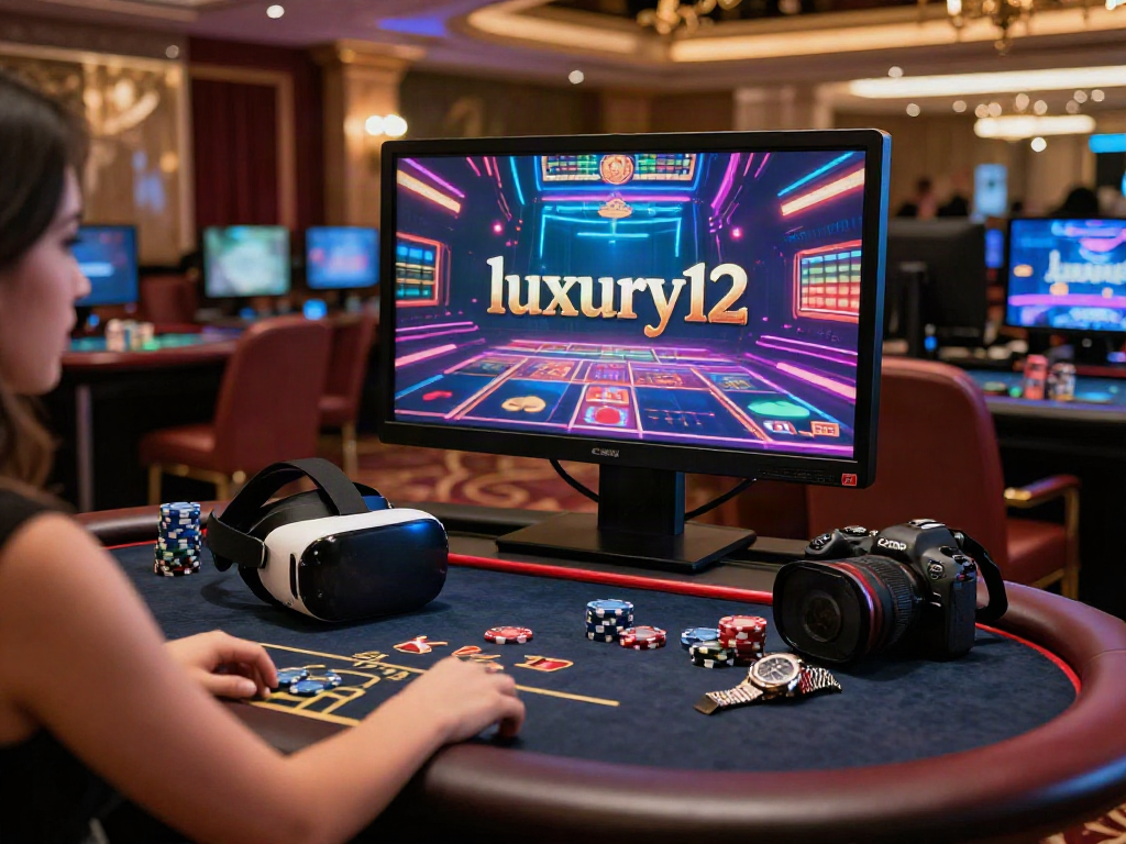 Pengalaman bermain kasino online 'luxury12' yang mewah dengan pemain elegan di stasiun permainan modern.