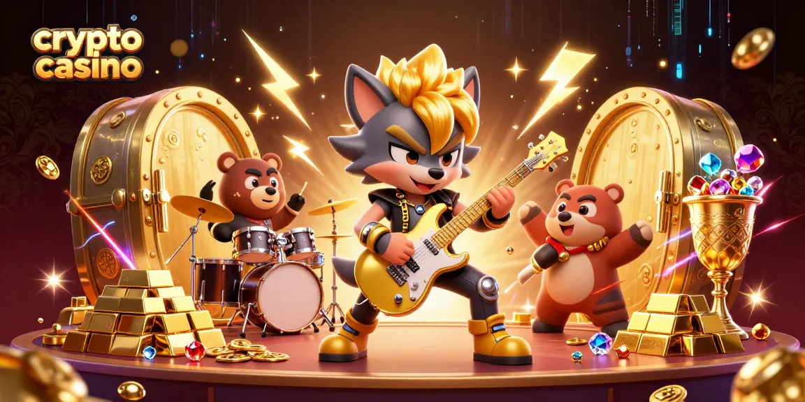 Gainz sur le casino crypto avec un loup rock star jouant de la guitare, le tout illuminé par des effets d'éclairage doré.