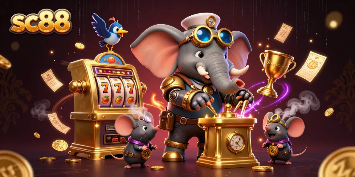 Experience thrilling gameplay at sc88 with a dynamic scene of a steampunk elephant operating a lively slot machine.