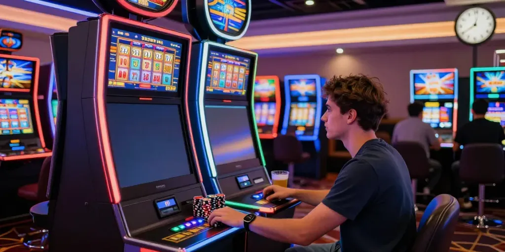 Pemain menikmati slot777 di kasino online, dikelilingi lampu neon dan suasana meriah.
