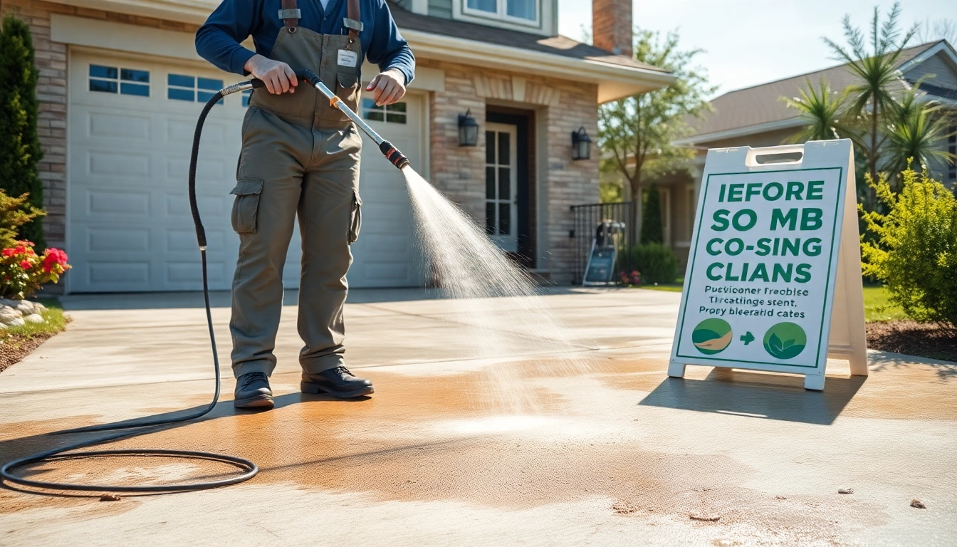 Concrete cleaning service in action, showcasing pressure washing on a driveway for a sparkling finish.