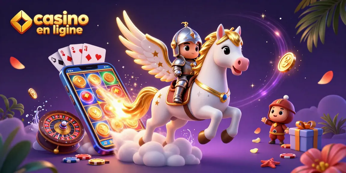 Découvrez la magie des jeux de casino en ligne avec un cheval céleste galopant et des éléments de jeu animés.