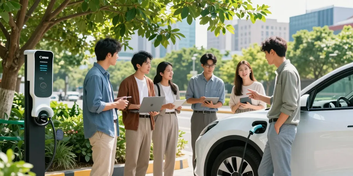 Portable ev charger supplier showcased in vibrant community outdoor charging scene with professionals discussing EV solutions.