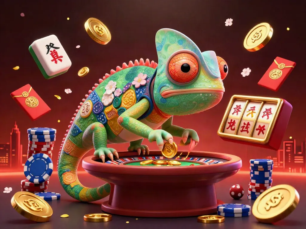 Join the vibrant casino scene with a chameleon owner, Mahjong tiles, and slot reels.