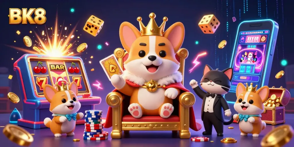 Engage with BK8's thrilling 3D casino scene featuring a crowned corgi surrounded by jackpot slots and vibrant game elements.