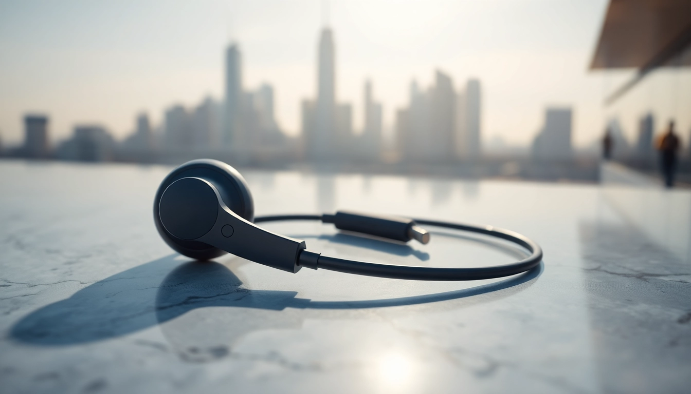 F1 Bone Conduction Headphones displayed elegantly on a marble surface against a city skyline.