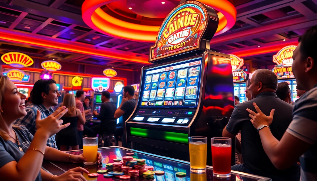 Slot77 mesin slot yang cerah dan berwarna-warni di kasino yang ramai.