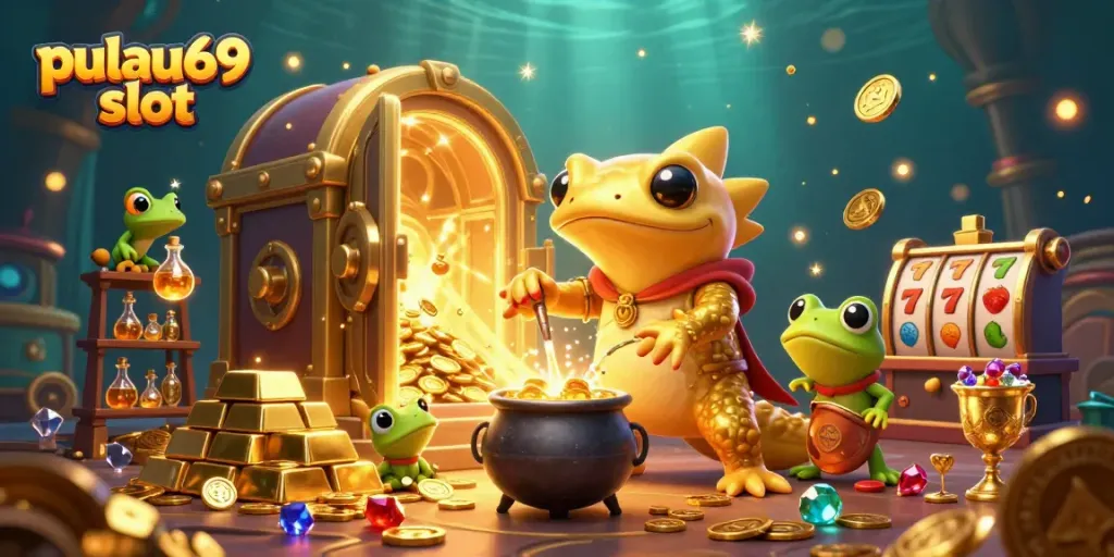 Experience the excitement of pulau69 slot in this vibrant 3D illustration of an alchemist transforming metals into gold coins.