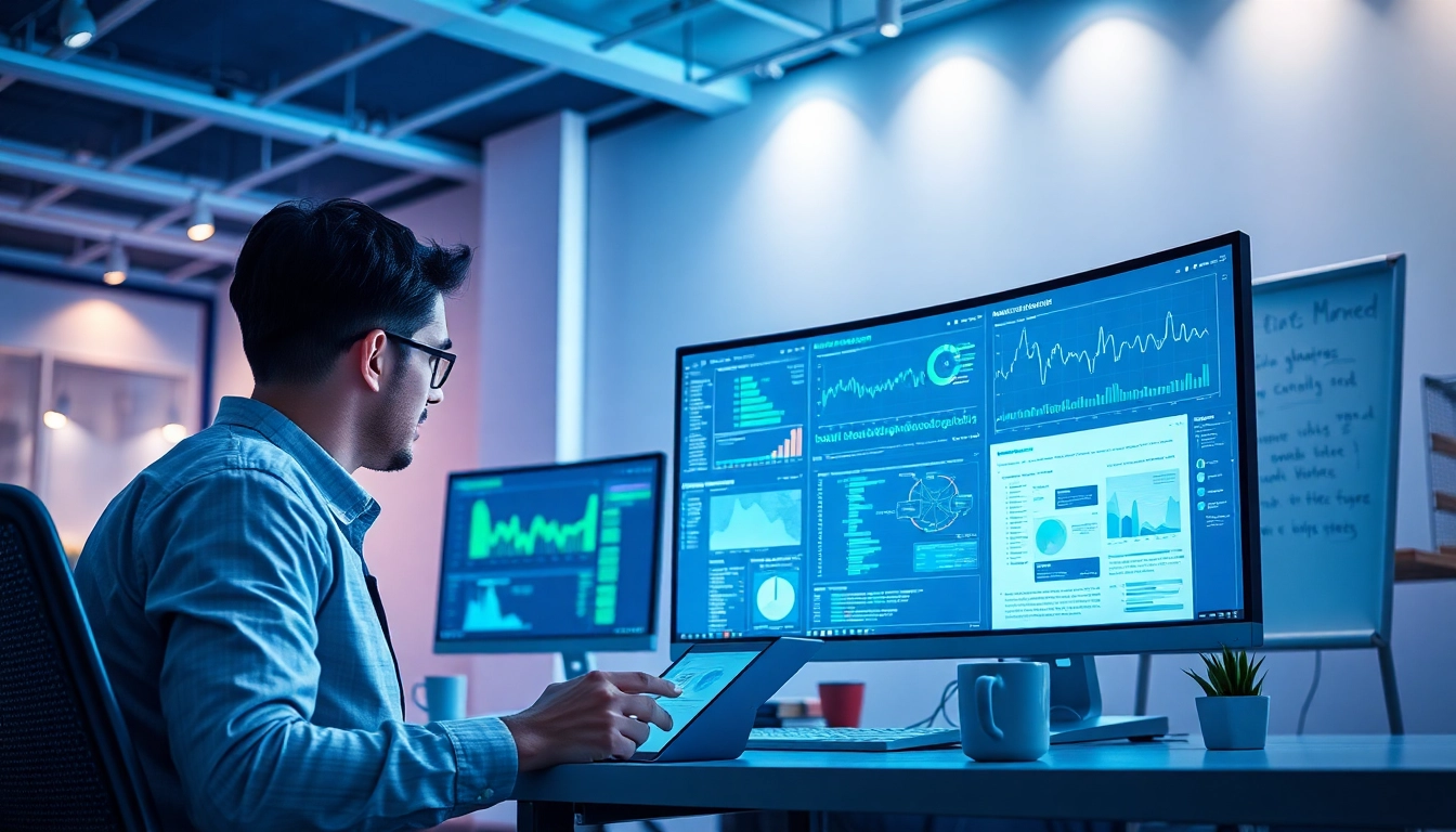 Web scrapping analysis in a modern workspace with data visualization screens.