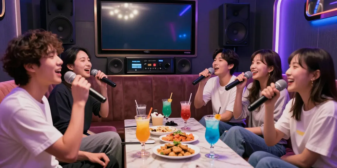 Friends singing and enjoying their time at 강남 유앤미 가라오케's vibrant karaoke room with modern decor.