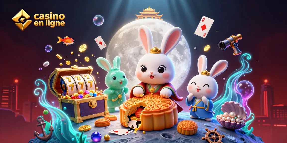 Illustration dynamique de casino en ligne avec un lapin de lune et des éléments de jeux, incluant des jetons de poker.