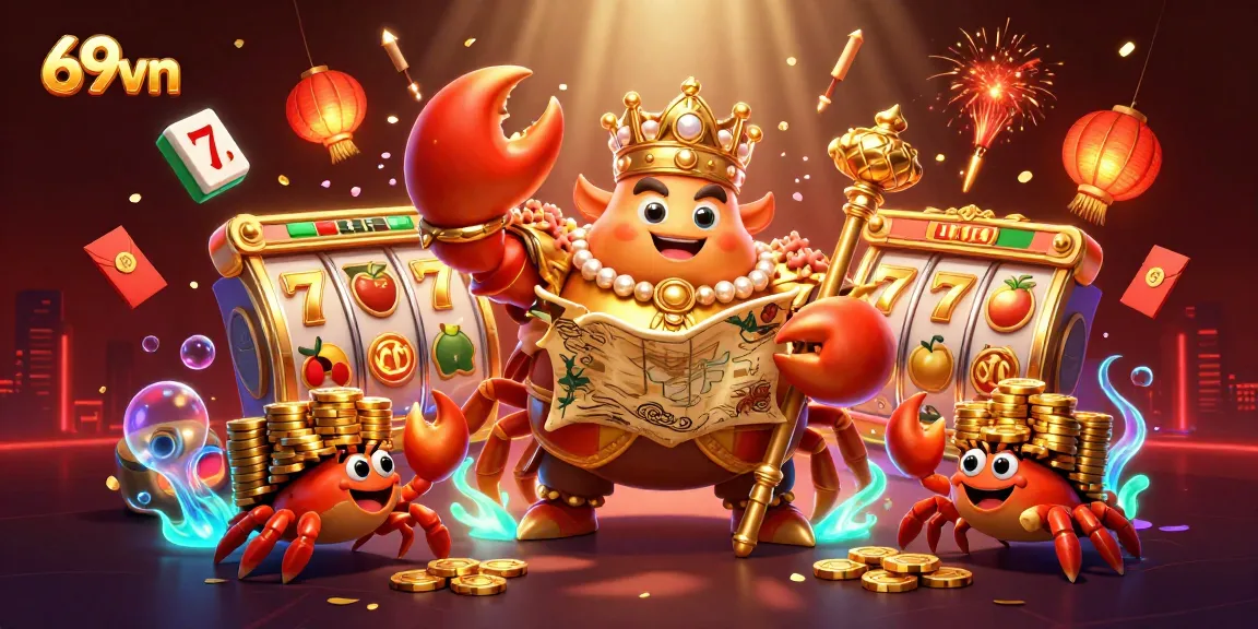 Experience thrilling gameplay at 69vn with lively slot action featuring a golden crab emperor and vibrant casino elements.