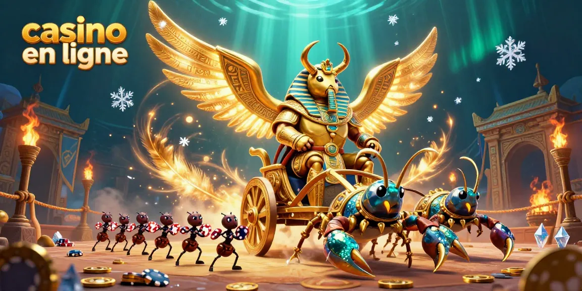 La scène captivante du casino en ligne montre un scarabée d'or majestueux et des scorpions, avec des jetons de poker flottant.