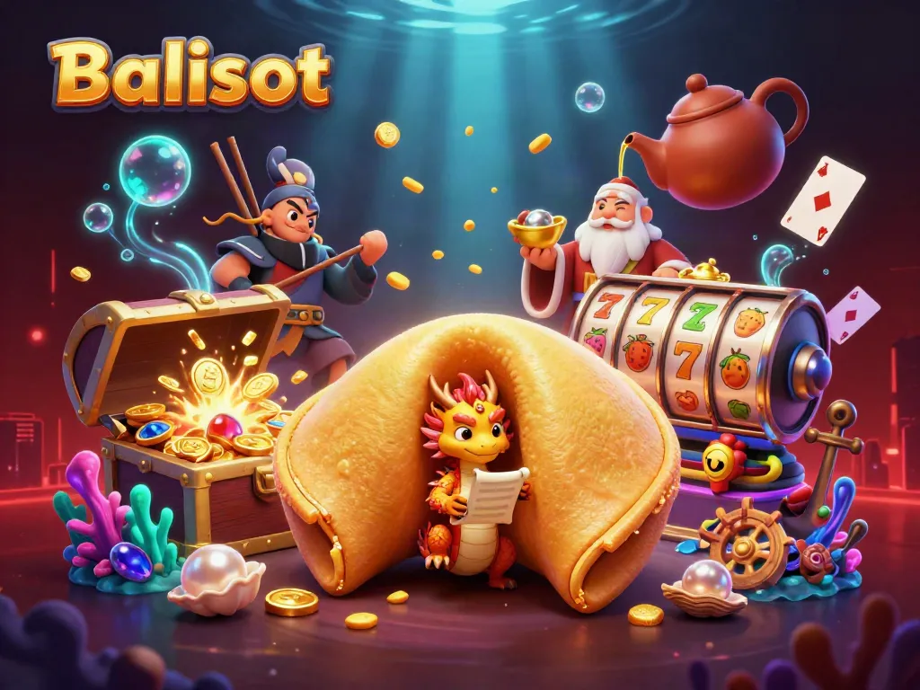 Balislot features an engaging 3D scene with a fortune cookie, wise dragon, and casino elements.