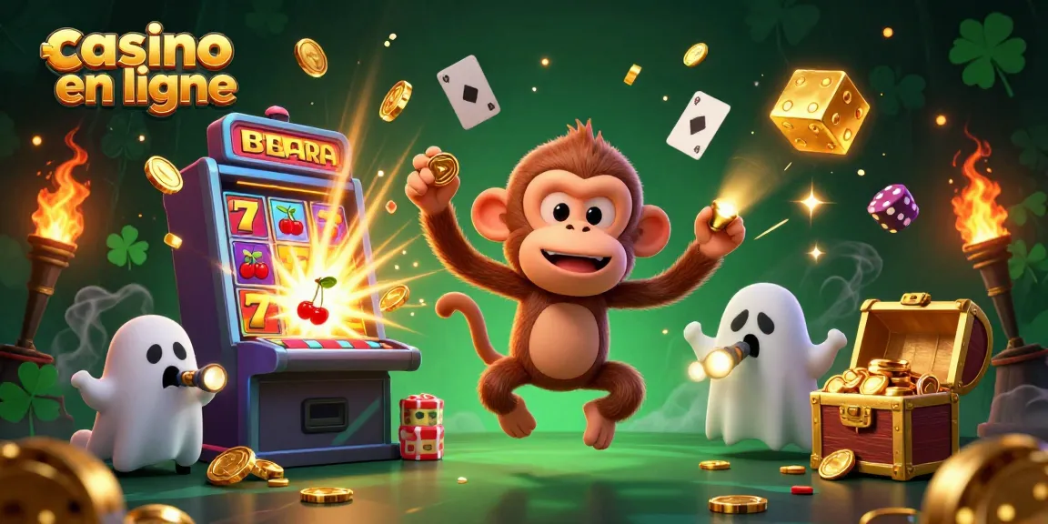 Illustration dynamique de casino en ligne avec un singe poltergeist et un chien chasseur.