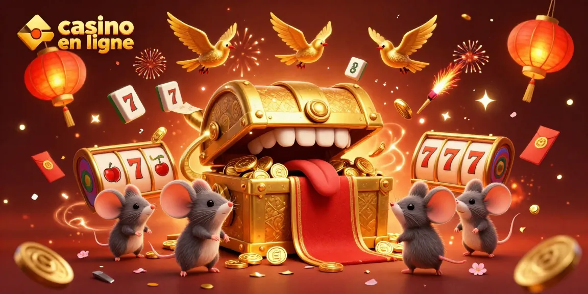 Illustration festive de casino en ligne avec un coffre au trésor attirant des souris aventurières, entouré d'éléments de jeu.