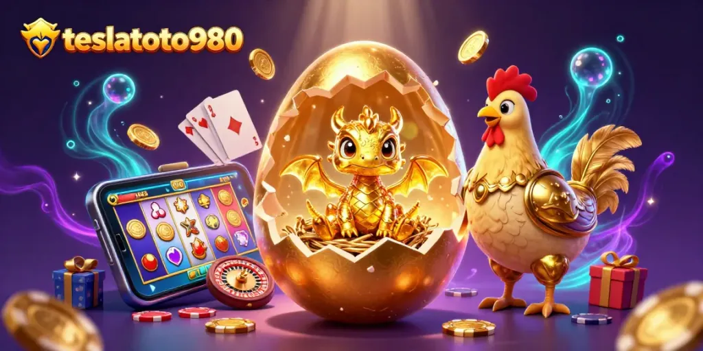 Engage with the captivating world of teslatoto980 featuring a golden dragon, poker chips, and vibrant slot games.
