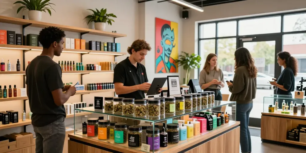 Engaging customer experience at Alien Labs dispensary with premium cannabis displays.