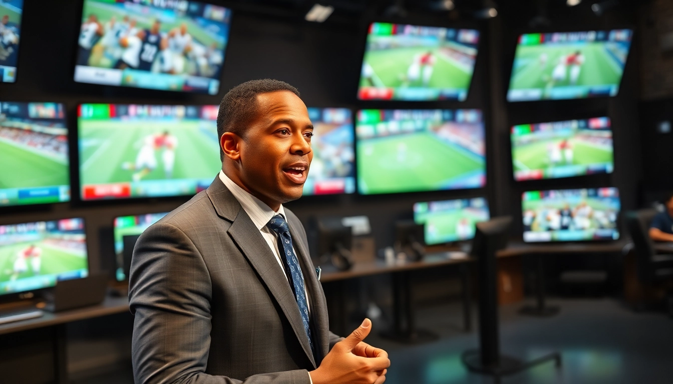 Sports Broadcasting live commentary by a broadcaster in a high-tech studio setup.