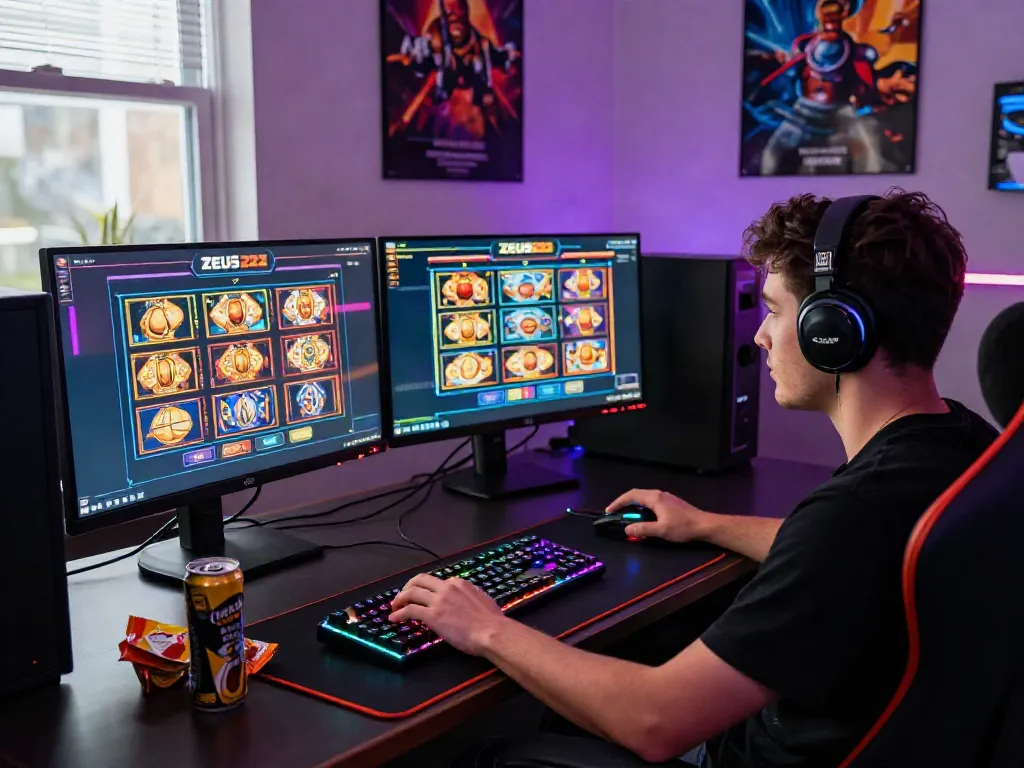 ZEUS222 ruang bermain slot online dengan gamer serius dan nuansa ceria.