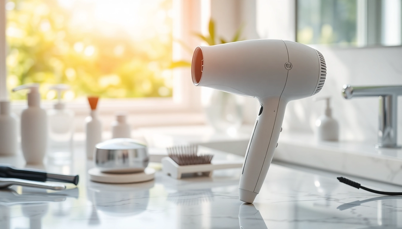 Stylish Ionic hair dryer prominently displayed on a marble countertop with vibrant styling tools.