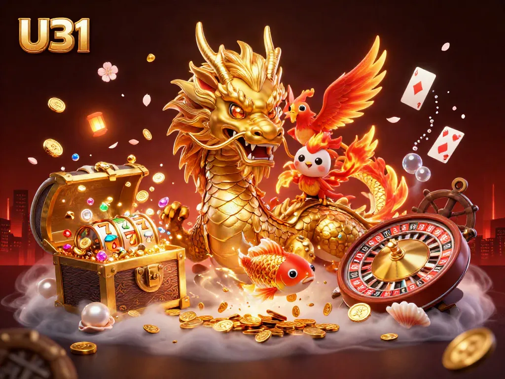 Engage with U31's thrilling slots and casino games featuring a dragon, phoenix, and vibrant casino elements.