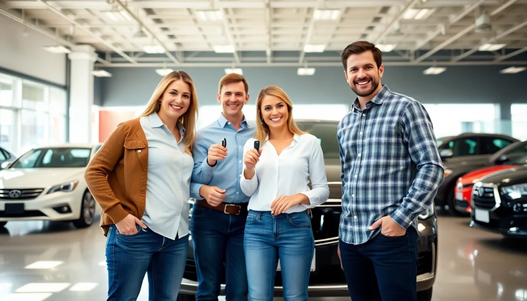 Buy a car with a happy family receiving keys at an automobile dealership.