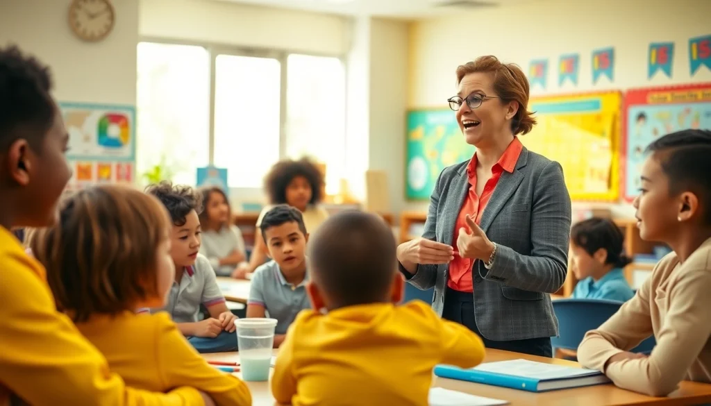 Engaging classroom showcasing Education with diverse students and a supportive teacher in a vibrant setting.