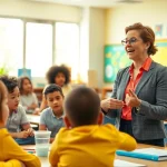 Engaging classroom showcasing Education with diverse students and a supportive teacher in a vibrant setting.