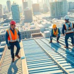 Capture of roofing professionals delivering commercial roofing services while working diligently on a building.