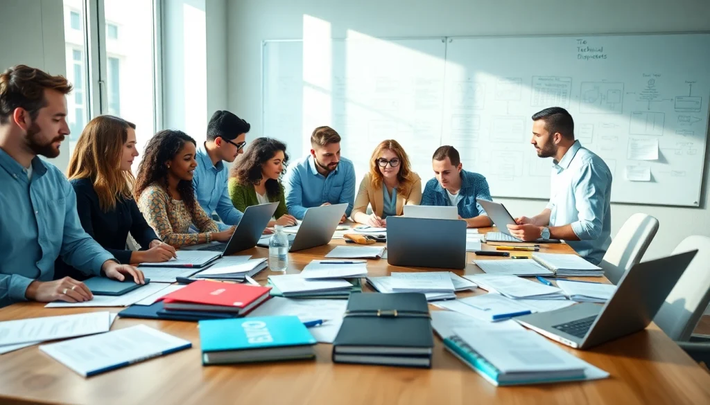 Engaged team utilizing technical documentation services in a bright, collaborative workspace.