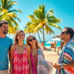 Living in Cabo as an expat, vibrant family enjoying a sunny beach day with local markets.